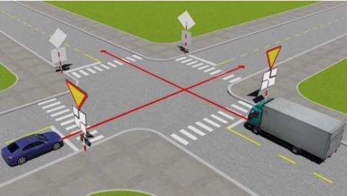 Theo hướng mũi tên, xe nào phải nhường đường là đúng quy tắc giao thông?